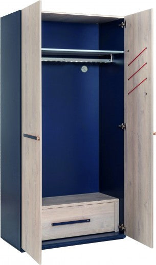 Armoire à palettes 2 portes pour jeunes, garçons 12-24 ans, Trio Natur / Bleu foncé, l101xA55xH204 cm