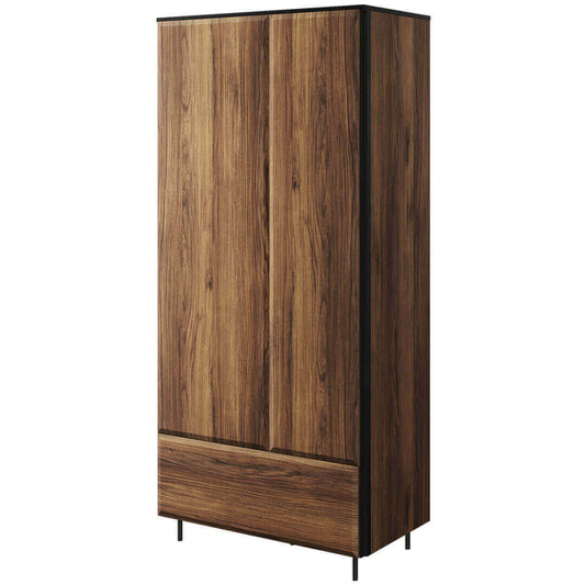 Armoire en bois, avec 2 portes et 1 tiroir, Borga 01, Chêne Catane / Noir, L90xW51xH197 cm