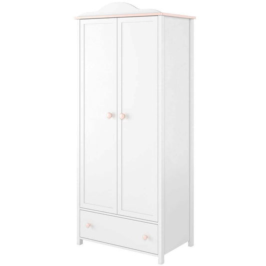 Armoire en bois clair, avec 2 portes et 1 tiroir pour enfants et jeunes, Luna 01 Simple, Blanc / Rose, L85xW52xH196 cm