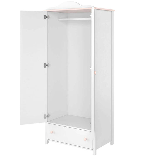 Armoire en bois clair, avec 2 portes et 1 tiroir pour enfants et jeunes, Luna 01 Simple, Blanc / Rose, L85xW52xH196 cm