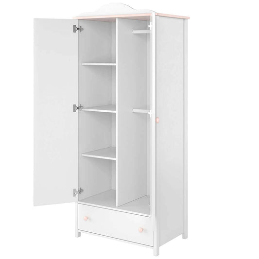 Armoire en bois clair, avec 2 portes et 1 tiroir pour enfants et adolescents, Luna 12 Blanc/Rose, l85xL52xH196 cm