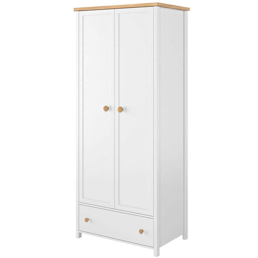 Armoire en bois clair, avec 2 portes et 1 tiroir pour enfants et adolescents, Story 01 Simple, Blanc / Chêne, L85xW52xH186 cm