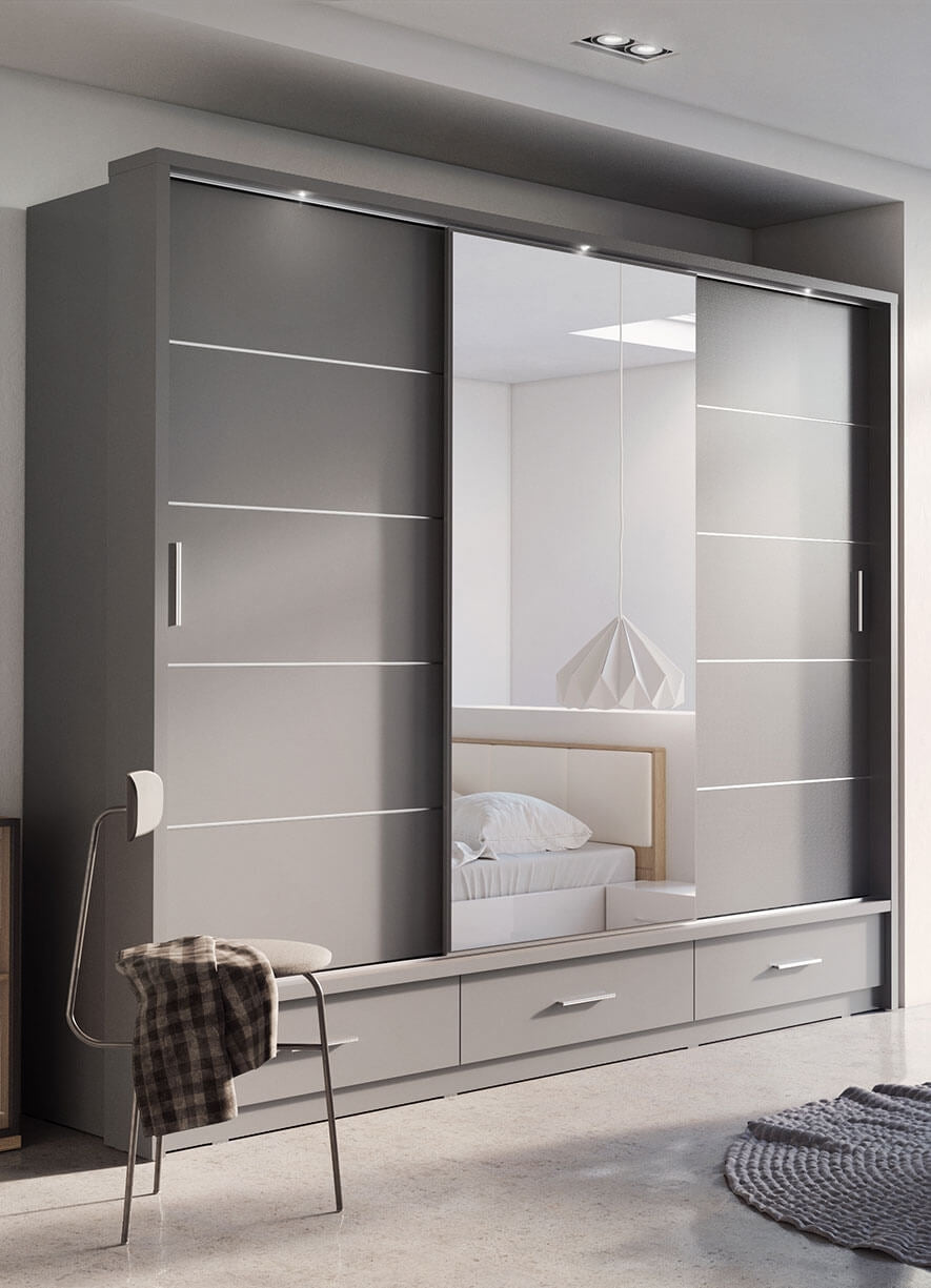 Armoire en bois clair, avec 3 portes coulissantes, 3 tiroirs et miroir Arti 01, Gris Mat, L250xL63xH215 cm