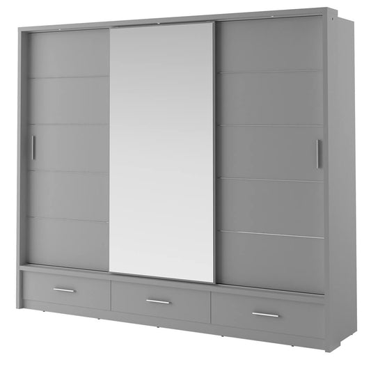 Armoire en bois clair, avec 3 portes coulissantes, 3 tiroirs et miroir Arti 01, Gris Mat, L250xL63xH215 cm