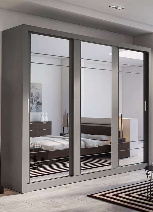 Armoire en bois clair avec 3 portes coulissantes et miroir Arti 02 Triple, Gris, L250xP60xH215 cm