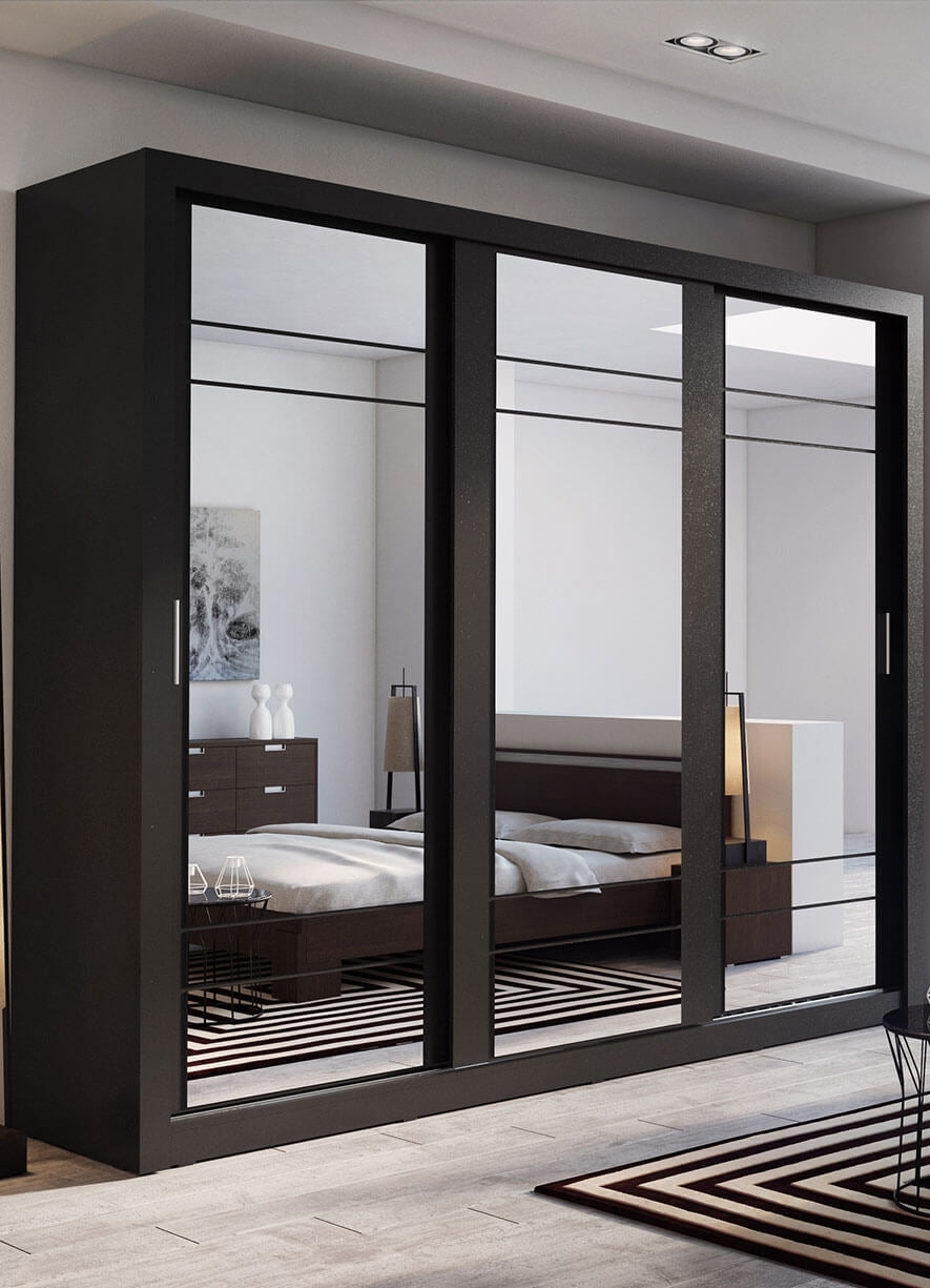 Armoire en bois clair avec 3 portes coulissantes et miroir Arti 02 Triple, Noir Mat, L250xP60xH215 cm