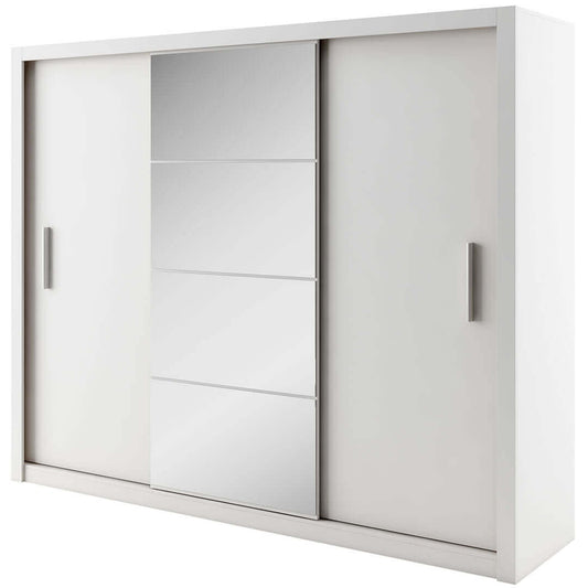 Armoire en bois clair avec 3 portes coulissantes et miroir Idea 01, Blanc mat, L250xP60xH215 cm
