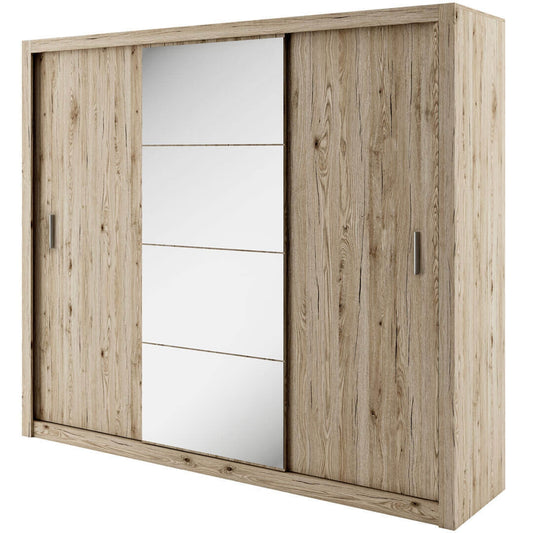 Armoire en bois clair avec 3 portes coulissantes et miroir Idea 01 Chêne San Remo, L250xP60xH215 cm