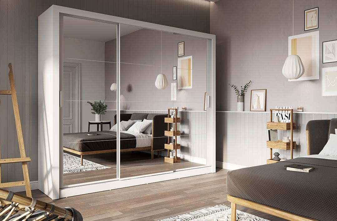 Armoire en bois clair avec 3 portes coulissantes et miroir Idea 01 Triple, Blanc Mat, L250xP60xH215 cm