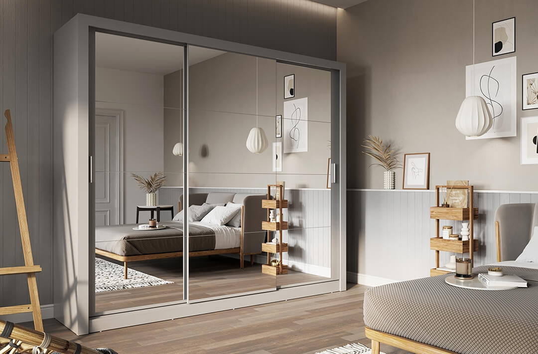 Armoire en bois clair avec 3 portes coulissantes et miroir Idea 01 Triple, Gris Mat, L250xP60xH215 cm