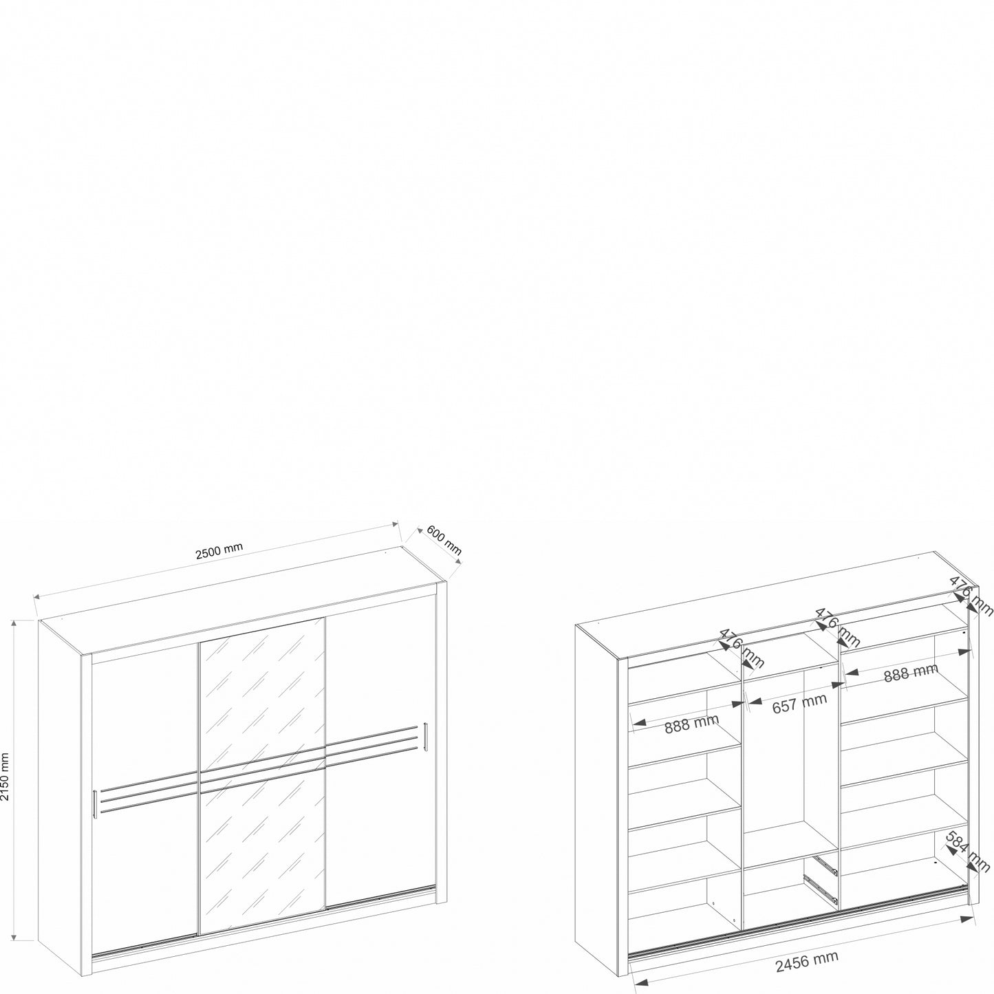 Armoire en bois clair avec 3 portes coulissantes et miroir Idea 11, Blanc mat, L250xP60xH215 cm