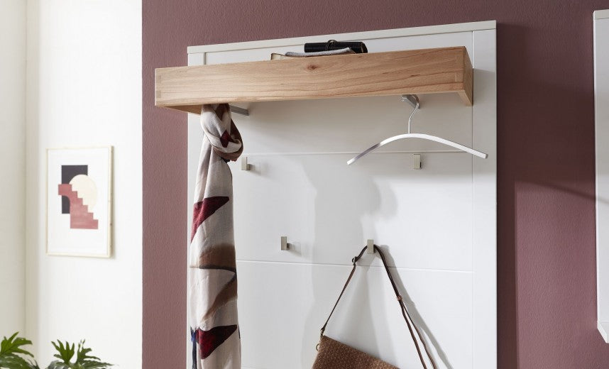 Cintre avec aggloméré et étagère en MDF, Selina Blanc / Naturel, l92xA30xH133 cm