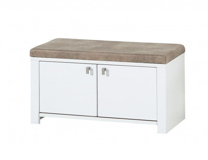 Banc rembourré avec tissu et 2 portes, en bois et MDF, Selina Blanc / Naturel, l92xA41xH49 cm
