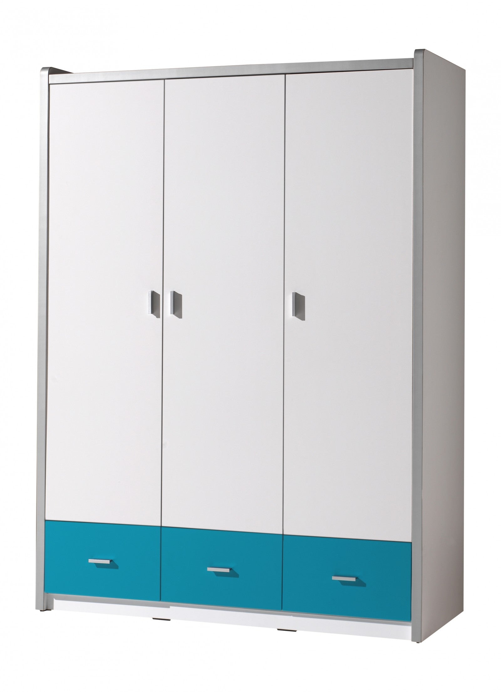 Cabinet PAL et métal avec 3 portes et 3 tiroirs, pour les enfants Bonny White / Turquoise, L140.5xa59xh202 cm