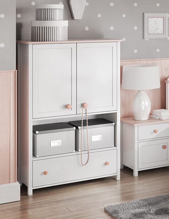 Petite armoire en bois, avec 2 portes et 1 tiroir pour enfants et adolescents, Luna 11 Blanc/Rose, l85xL42xH131 cm