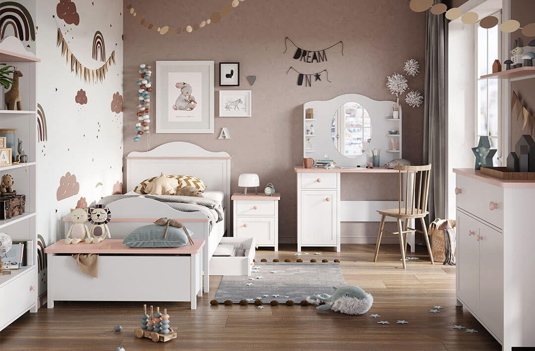 Étagère suspendue en bois, pour enfants et jeunes Luna 14, Blanc / Rose, L110xW22xH20 cm