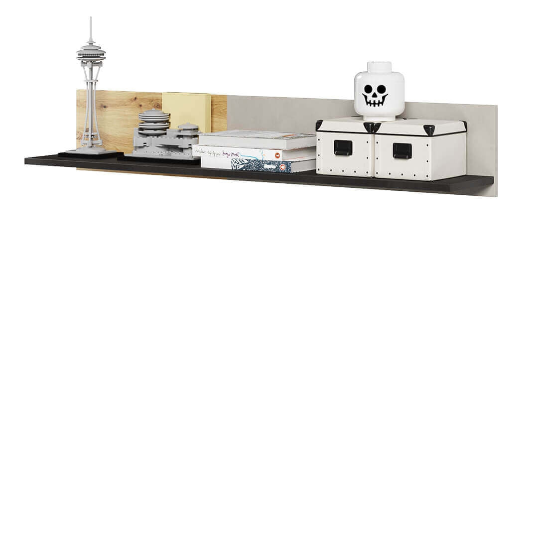 Étagère suspendue en bois, pour enfants et jeunes, Qubic 09, Chêne Artisan / Noir / Gris, L115xW22xH20 cm