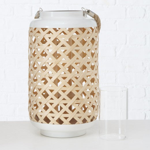 Lanterne décorative en métal et bambou Carole Naturel / Blanc, Ø22xH39 cm