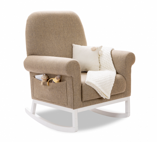 Chaise à bascule rembourrée en tissu, avec pieds en bois beige à bascule / blanc, l81xA85xH104 cm