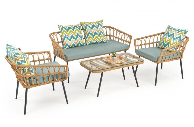 Table basse en rotin synthétique, verre et métal Gardena Law Natural, L90xl50xH43 cm