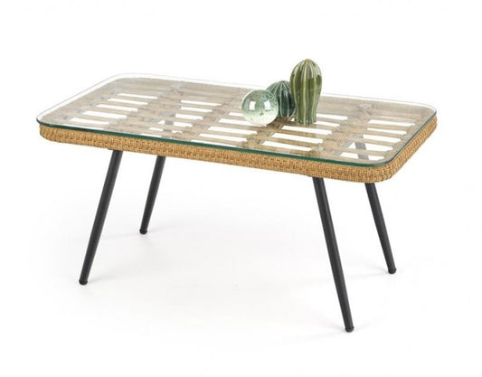 Table basse en rotin synthétique, verre et métal Gardena Law Natural, L90xl50xH43 cm
