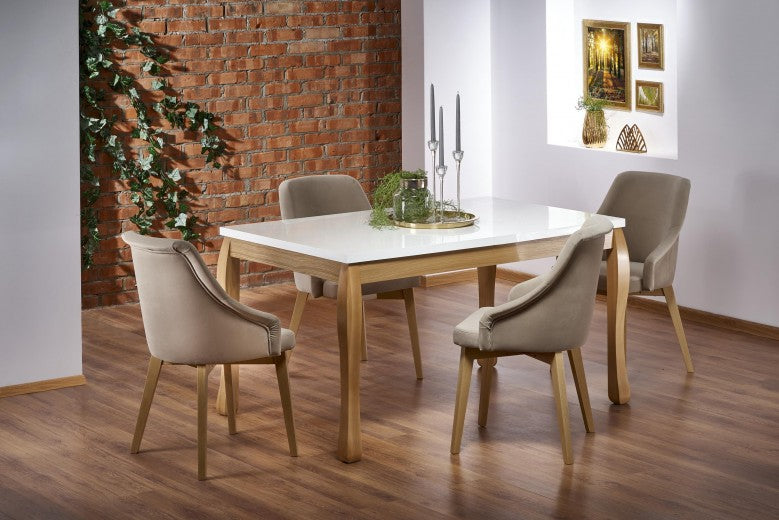 Ensemble table extensible en MDF et bois de hêtre Donovan Blanc / Chêne + 4 chaises rembourrées Toledo 2 Beige, L140-210xl90xH76 cm