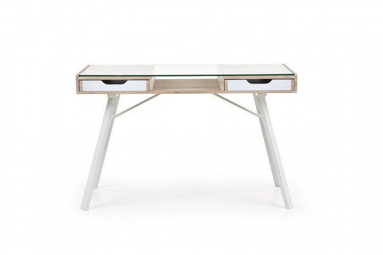 Table de bureau en verre, MDF et métal, avec 2 tiroirs B-33 Chêne Sonoma / Blanc, L120xl60xH76 cm
