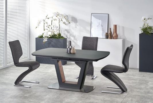 Table extensible en verre et MDF Bilotti Anthracite / Noyer, L160-200xl90xH76 cm