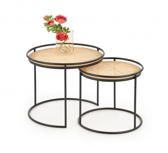 Set de 2 tables basses rotin et métal Manado Naturel / Noir, Ø51xH42 / Ø41xH37 cm