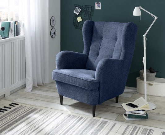 Fauteuil fixe rembourré avec tissu et pieds en bois, Oskard Bleu, l78xA98xH102 cm