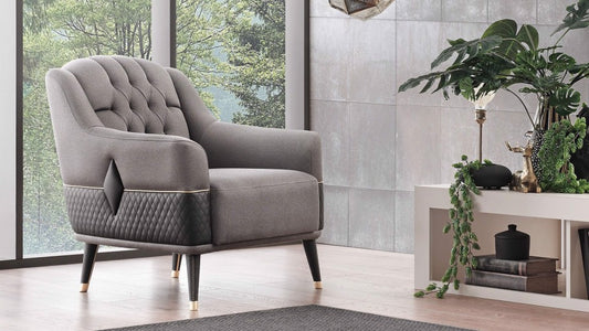 Fauteuil fixe rembourré en tissu et éco-cuir, avec pieds en bois Diamond gris foncé / noir, l84xA89xH92 cm