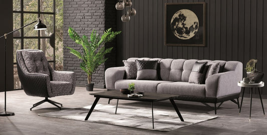 Fauteuil fixe rembourré en tissu et cuir écologique Miranda Gris K1, l78xA82xH101 cm