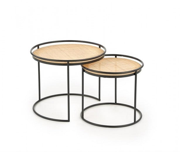 Set de 2 tables basses rotin et métal Manado Naturel / Noir, Ø51xH42 / Ø41xH37 cm