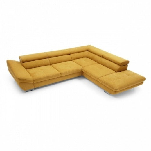 Canapé d'angle extensible avec coffre de rangement, avec bain de soleil à droite, recouvert de tissu Fabyo Mustariu, l280xA235xH69 cm