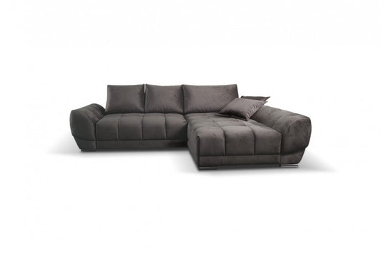 Canapé d'angle extensible avec coffre de rangement, avec bain de soleil à droite, recouvert de tissu Violet Velvet Noir, l290xA192xH76 cm