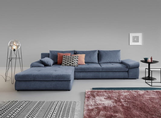 Canapé d'angle extensible avec boîte de rangement, universel (gauche ou droite) recouvert de tissu Bonos Bleu, l313xA215xH82 cm