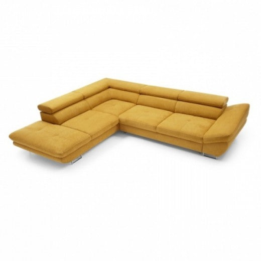 Canapé d'angle extensible avec coffre de rangement, avec bain de soleil à gauche, recouvert de tissu Fabyo Mustariu, l280xA235xH69 cm