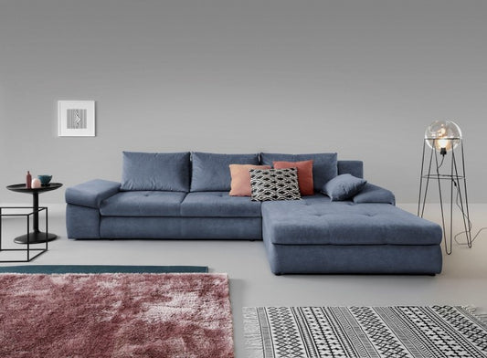 Canapé d'angle extensible avec boîte de rangement, universel (gauche ou droite) recouvert de tissu Bonos Bleu, l313xA215xH82 cm