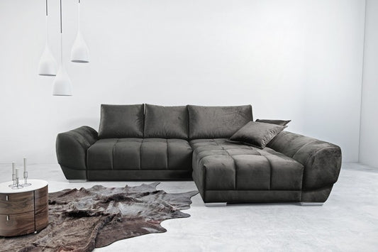 Canapé d'angle extensible avec coffre de rangement, avec bain de soleil à droite, recouvert de tissu Violet Velvet Noir, l290xA192xH76 cm