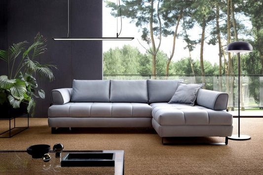 Canapé d'angle extensible avec coffre de rangement, avec bain de soleil à droite, recouvert de tissu Havana Bleu, l272xA173xH72 cm