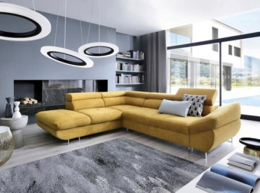 Canapé d'angle extensible avec coffre de rangement, avec bain de soleil à gauche, recouvert de tissu Fabyo Mustariu, l280xA235xH69 cm