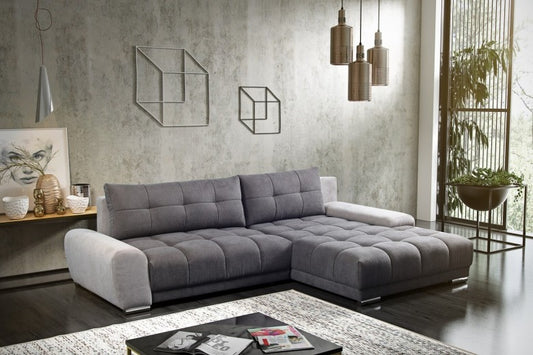 Canapé d'angle extensible avec coffre de rangement, avec bain de soleil à droite, recouvert de tissu Wava Gris foncé / Gris clair, l281xA189xH74 cm