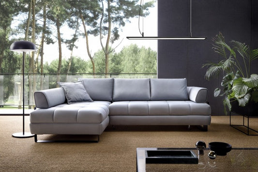 Coin extensible avec coffre de rangement, avec bain de soleil à gauche, recouvert de tissu Havana Bleu, l272xA173xH72 cm
