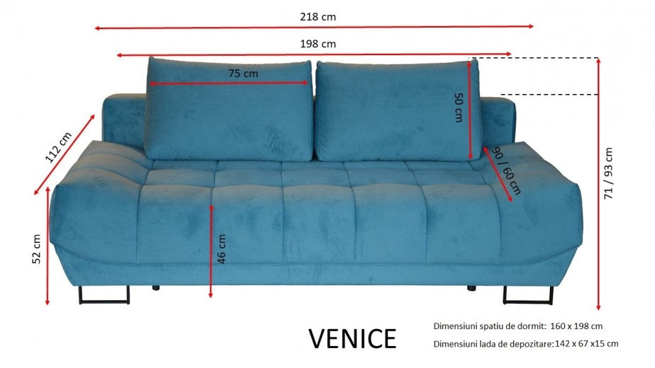 Canapé extensible avec coffre de rangement, 3 places Venice Light Vert, l218xA112xH71 cm