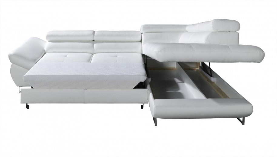 Canapé d'angle extensible avec coffre de rangement, avec bain de soleil à gauche, recouvert de tissu Fabyo Mustariu, l280xA235xH69 cm