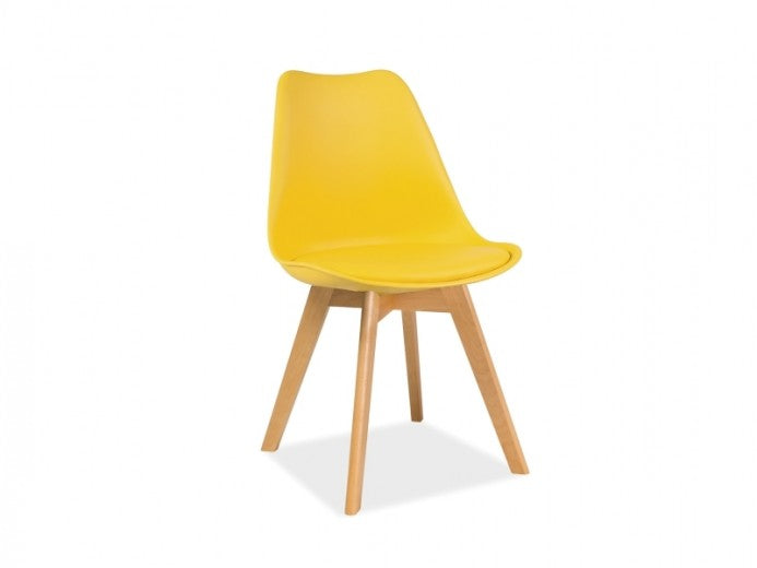 Chaise en plastique avec assise rembourrée en éco-cuir, avec pieds en bois Kris Jaune / Hêtre, l49xA41xH83 cm