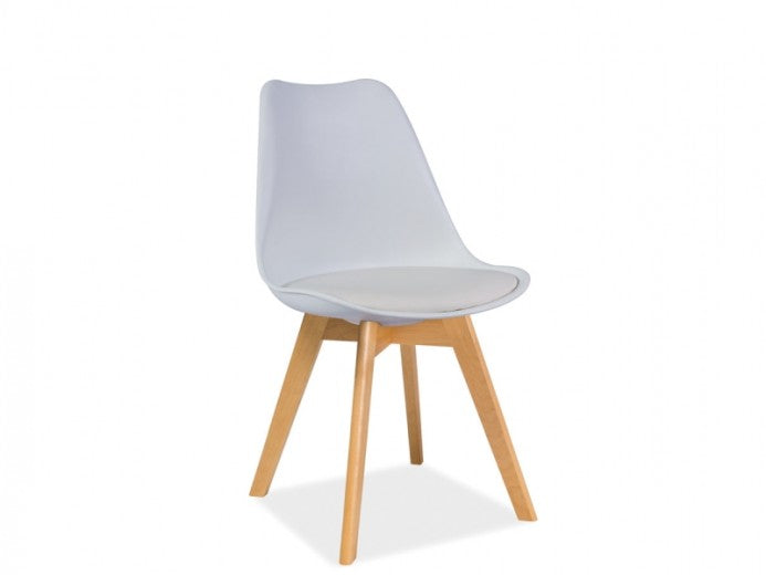 Chaise en plastique avec assise rembourrée en éco-cuir, avec pieds en bois Kris Blanc / Hêtre, l49xA41xH83 cm