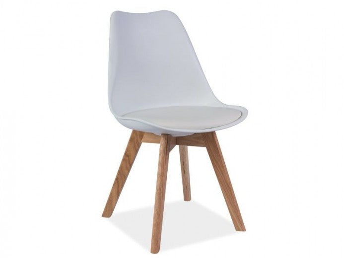 Chaise rembourrée en cuir écologique, avec pieds en bois Kris Blanc / Chêne, l49xA41xH83 cm