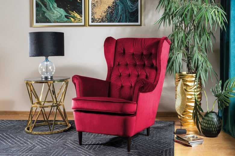 Fauteuil fixe tapissé de tissu et pieds en bois Harry Velvet Bordeaux / Wenge, l68xA90xH100 cm