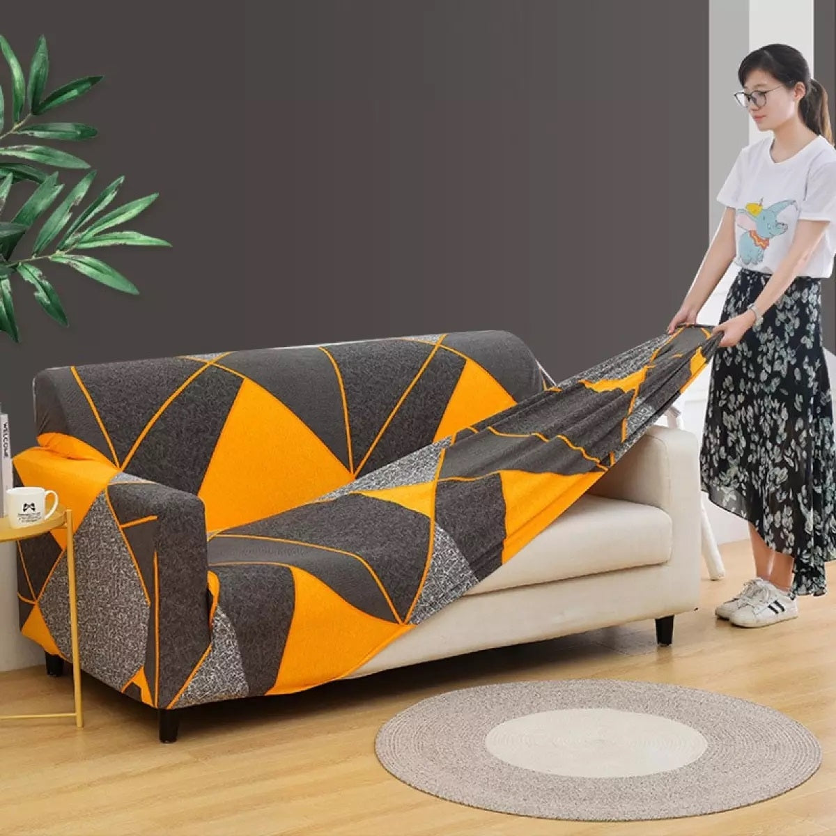 Housse de canapé élastique + 1 taie d'oreiller, Géométrique B026 Gris / Orange